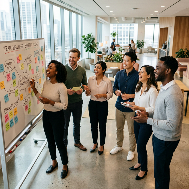 Energized corporate team after wellness session